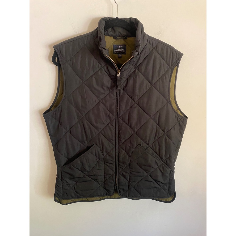 J.Crew Mens Quilted Vest Black Olive Green Authentic Outerwear Medium Full Zip